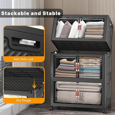 Extra Large Stackable Storage Bins with Lids & Wheels & Door, 336QT-112QT/28GAL*3Pack Foldable Collapsible Closet Organizers, Plastic containers drawers for bedroom Dorm