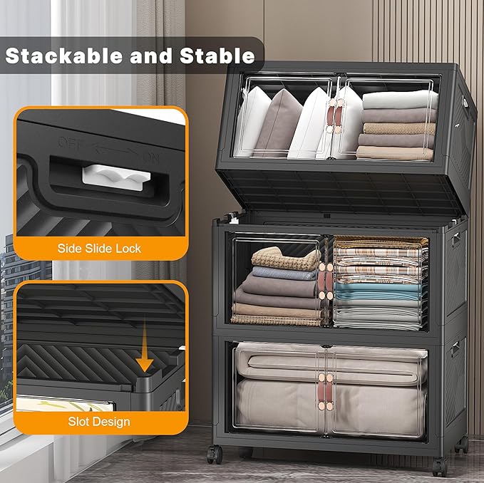 Extra Large Stackable Storage Bins with Lids & Wheels & Door, 336QT-112QT/28GAL*3Pack Foldable Collapsible Closet Organizers, Plastic containers drawers for bedroom Dorm