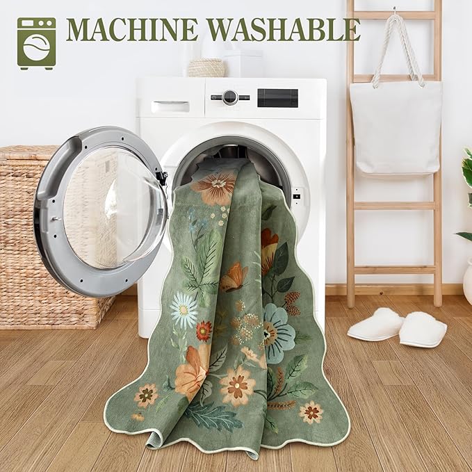Lahome Floral Washable Runner Rug, 2'6''x8' Soft Hallway Runner Rug Non Slip, Boho Ultra-Thin Kitchen Runners for Hallways with Rubber Backing Carpet for Laundry Bedroom Bathroom(Green)
