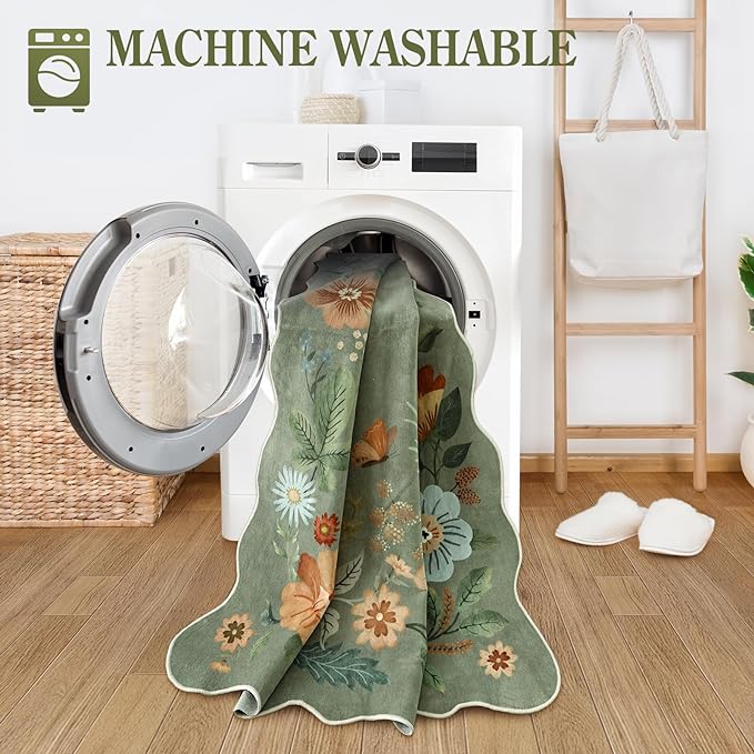 Lahome Floral Washable Rugs 8x10, Non-Slip Soft Green Rug Stain Resistant, Ultra-Thin 8x10 Rugs for Living Room Easy Clean Boho Accent Carpet for Dining Room Office(8x10ft,Green)