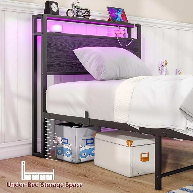 HOJINLINERO Twin Bed Frames with LED Light and Charging Station, Wood Storage Headboard with 2-Tier Shelves, Metal Platform Bed with Heavy Duty Slats Support, No Box Spring Needed, Black