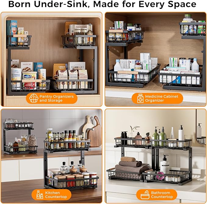 Under Sink Organizer,2 Pack Under Kitchen Sink Organizer,2 Tier Sliding-Out,5 Level Height Adjustable,Thickened Carbon Steel,Anti-rust Treatment,For Kitchen Bathroom Black