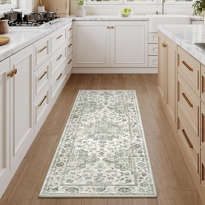2x5 Washable Neutral Runner Rug Green Vintage Hallway Kitchen Carpet Non-Slip Soft Low Pile Floral Throw Rug for Bedroom Bathroom Laundry Living Room