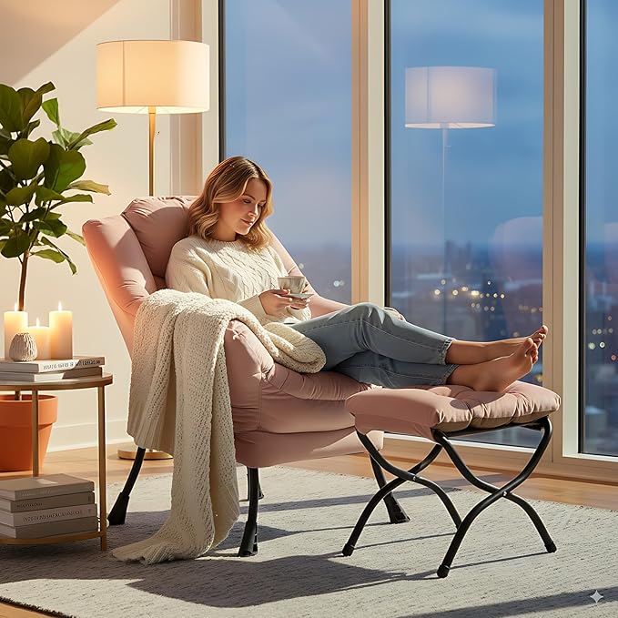 Lazy Chair and Ottoman, Large Accent Lounge Chair with Armrests and a Side Pocket, Modern Leisure Upholstered Sofa Reading Armchair with Footrest for Bedroom, Living Room, Dorm Rooms, Office