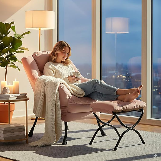 Lazy Chair and Ottoman, Large Accent Lounge Chair with Armrests and a Side Pocket, Modern Leisure Upholstered Sofa Reading Armchair with Footrest for Bedroom, Living Room, Dorm Rooms, Office