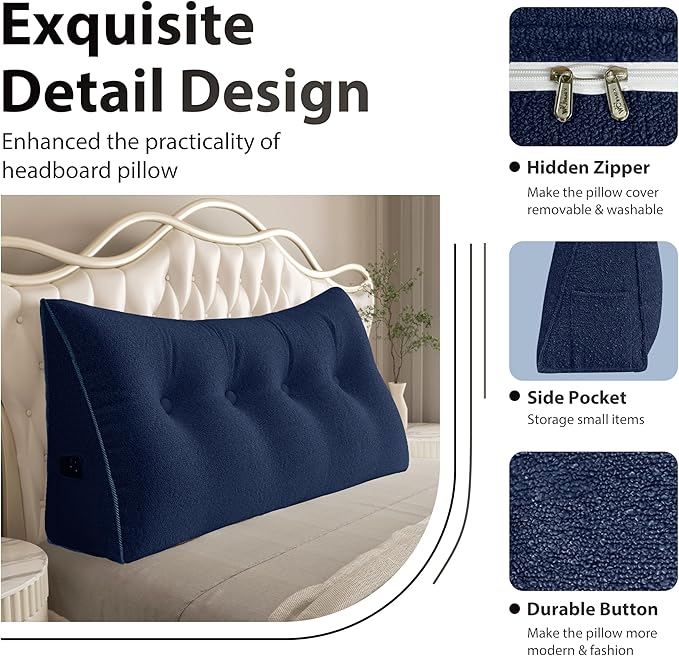 11 lbs Thickened Wedge Pillow Headboard Body Positioner Bed Wedge Pillow Backrest Triangular Headboard Pillow for Sleeping with Side Pocket Velvet Positioning Support Velvet Blue Queen