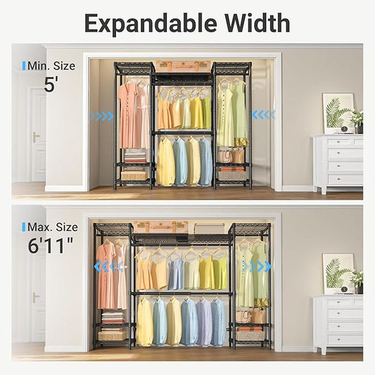 VIPEK X30 Expandable Clothes Rack Adjustable from 5' to 6'11", 950lbs Capacity Heavy Duty Portable Closet with 4 Hanger Rods & 7 Wire Shelves, Metal Wardrobe System for Reach-in Closet, Black