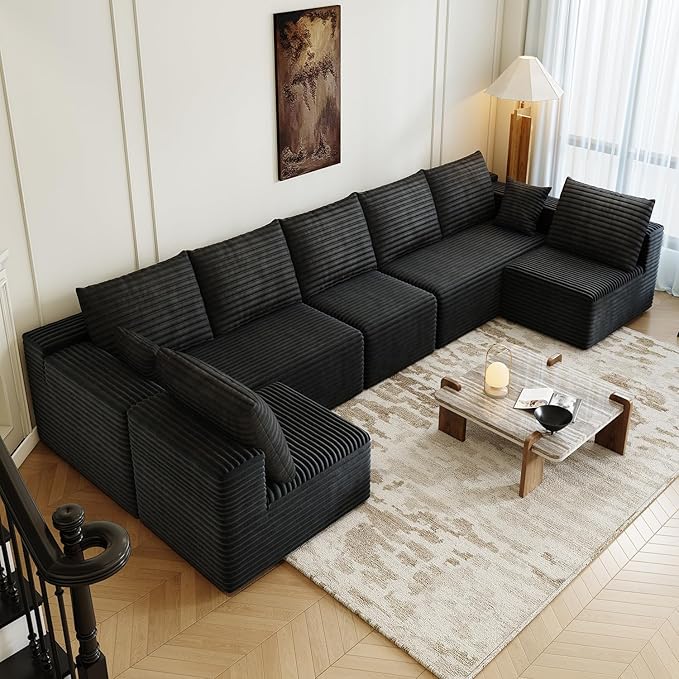 168.5" Modular Sectional Sofa, Oversized U-Shaped Minimalist Couches with 3 Middle Seats Chaise, Modern Deep Seat Convertible Sleeper Sofa, Cloud Plush Corduroy Fabric,7 Seater, Black