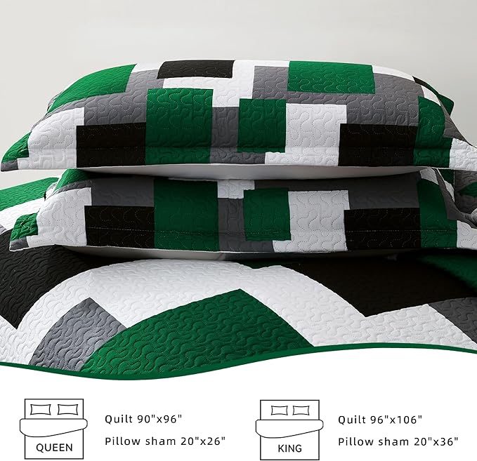 3 Piece Green Quilt Set King Size Christmas Green Black Geometric Reversible Bedding Set Microfiber Lightweight Bedspread Coverlet with 2 Shams Modern Bed Cover for All Season, 106''x96''