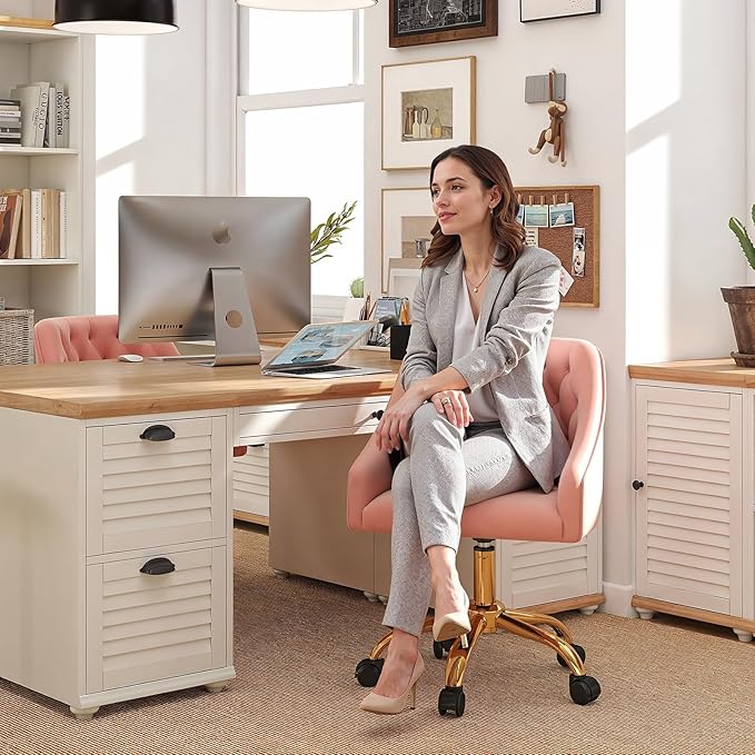 MOJAY Modern Mid-Back Tufted Velvet Office Chair, Swivel Height-Adjustable Home Desk Chair,Cute Velvet Soft Seat Vanity Chair with Rivet and Arm Support (Sherpa-Pink)