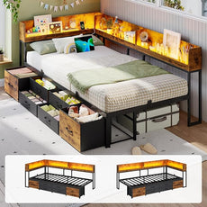 VIAGDO Corner Bed Frame with Storage Bookcase and 6 Drawers, Twin XL Metal Platform Corner Bed Frame with LED Lights and Charging Station, Twin XL Daybed for Kids Teenagers, Rustic Brown & Black