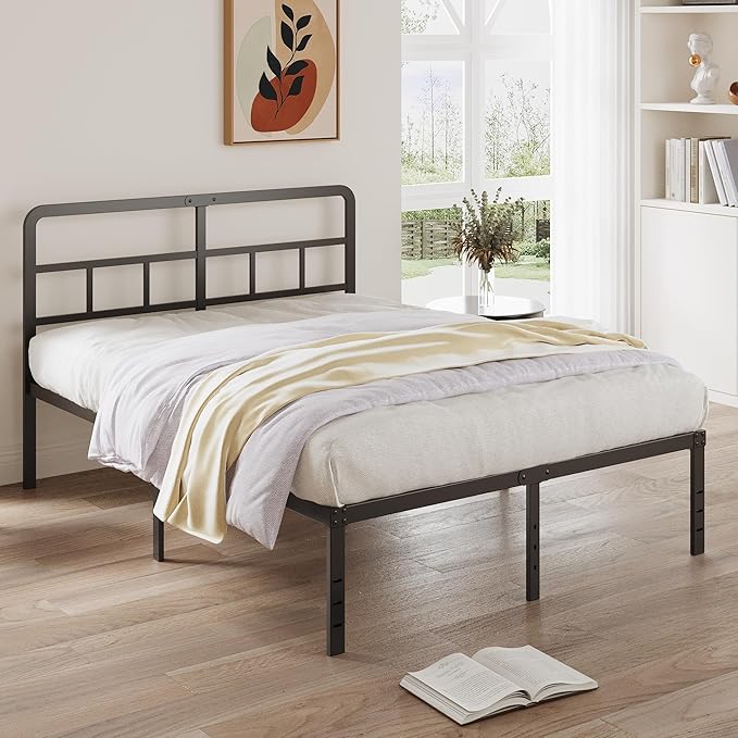 16 Inch Full Size Bed Frame with Headboard No Box Spring Needed, Heavy Duty Metal Platform with Steel Slat, Mattress Foundation, Easy Assembly, No Noise, Black