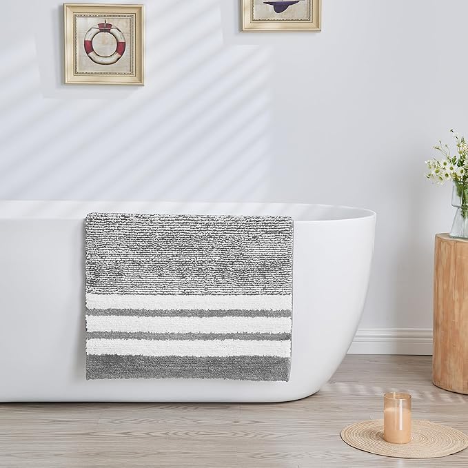 CozeCube Bath mats for Bathroom Non Slip, Fluffy Absorbent Microfiber Bath mat Washable, Aesthetic Bathroom Rugs, Cute Grey Striped Bath mat, Grey, 32" x 20"
