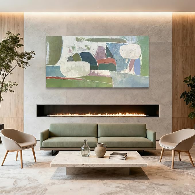YETHEN WAL Sage Green Abstract Wall Art – 24×48 Large Minimalist Canvas Print, Neutral Olive & Blue Textured Artwork for Living Room or Bedroom Wall Decor