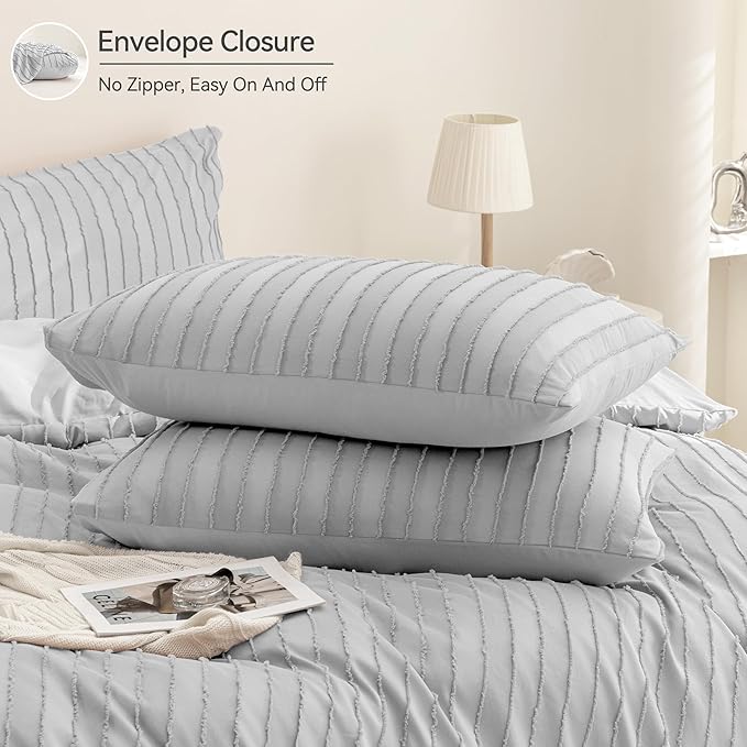 JELLYMONI Duvet Cover Queen Size Light Grey - 3PCS Boho Striped Duvet Cover Set Polyester Tufted Bohemian Textured Comforter Cover 90×90in with Corner Ties & Zipper and 2 Pillowcases