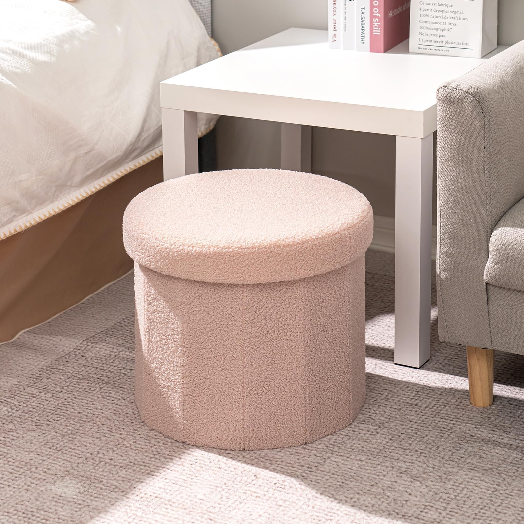 B FSOBEIIALEO Storage Ottoman Cube, Flowers Shaped Ottomans with Storage Foot Stool Footrest for Lving Room, Boucle Ottoman Seat for Dorm Room,Faux Teddy Fur,White 12.6"x12.6"x12.6" Dormly