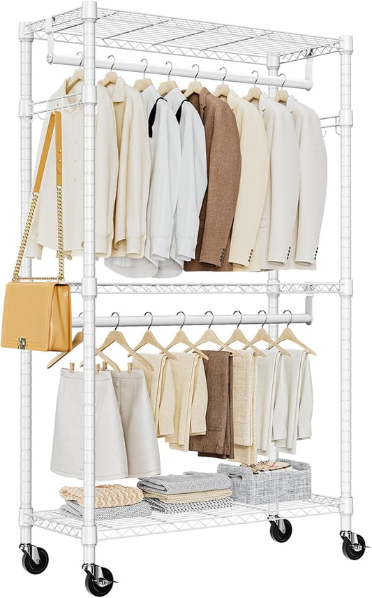 Heavy Duty Rolling Garment Rack 3 Tiers Adjustable Wire Shelving Clothes Rack with 2 Rods and Side Hooks,Storage Closet Clothing Rack with Wheels White 15.7" D x 29.5" W x 74.5" H