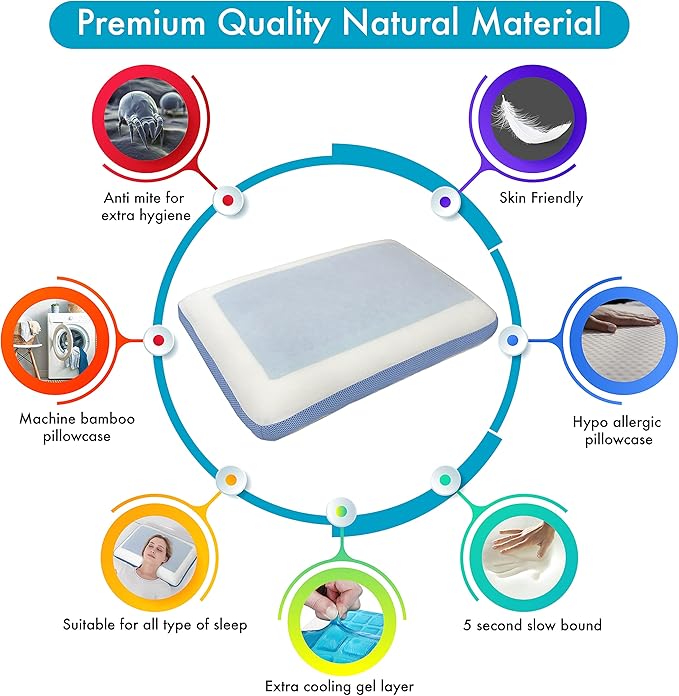 Comfyt Cervical Pillow Cooling Orthopedic Memory Foam Pillows for Back Stomach Side Sleeper - Sleeping Travel Neck Gusseted Bed Pillow Gel Layer Provides Coolness Removable Washable Cover