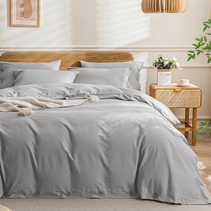 JELLYMONI Cotton Duvet Cover Full Size - Light Gray Comforter Cover with Button 100% Washed Cotton 3PCS Breathable Soft Solid Bedding Set Duvet Cover 80×90in & 2 Pillowcases (NO Comforter)