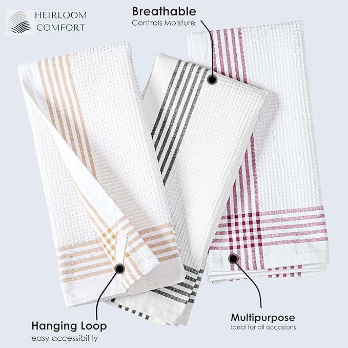 Multi White Kitchen Towels 12 Pack, 16x26 Inch, 100% Cotton Waffle Weave, Super Absorbent, Quick Dry, Reusable Dish Towels for Cleaning, Drying, Cooking, Beige, Black, Burgundy Wine