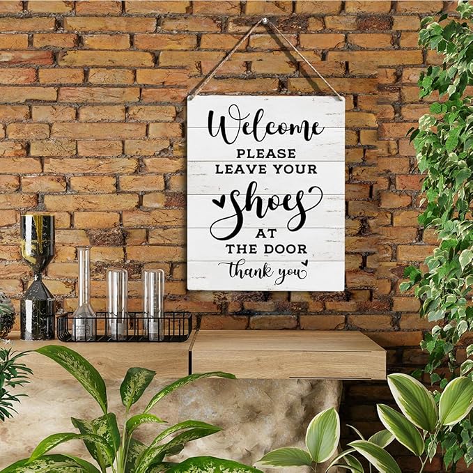 Front Door Welcome Sign, Please Remove Your Shoes Signs, No Shoes Sign for Home, Wooden Hanging Plaque 10 x 8 Inch, For Home Porch Entrance Decoration