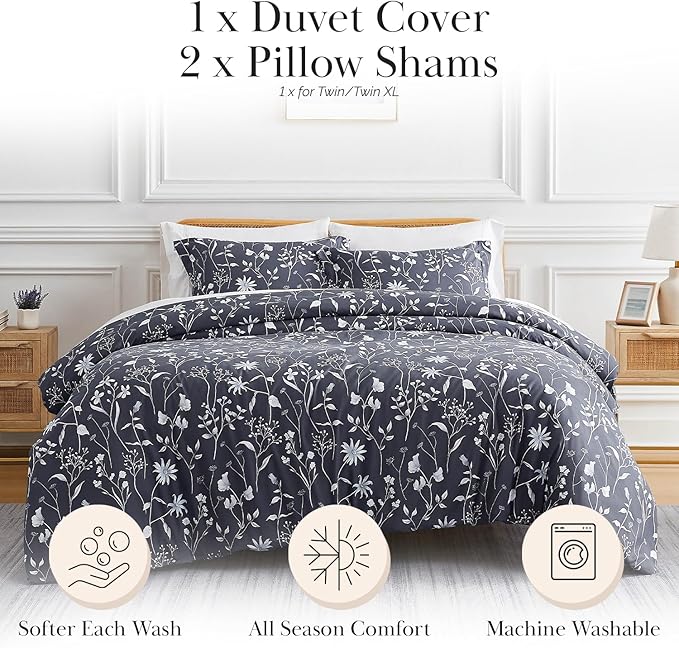 Southshore Fine Living, Inc. Floral Duvet Cover Twin XL Set - Premium Quality Microfiber Twin Bedding Sets, Easy Care - 1 Duvet Cover, 1 Sham - Secret Meadow Blue