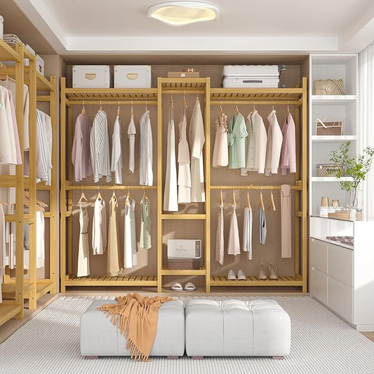 Homykic Bamboo Closet System Clothes Rack, Large Freestanding Garment Rack Clothing Rack for Hanging Clothes with 7 Storage Shelves and 5 Rods, Open Wardrobe Organizer with 4 Hooks, Natural
