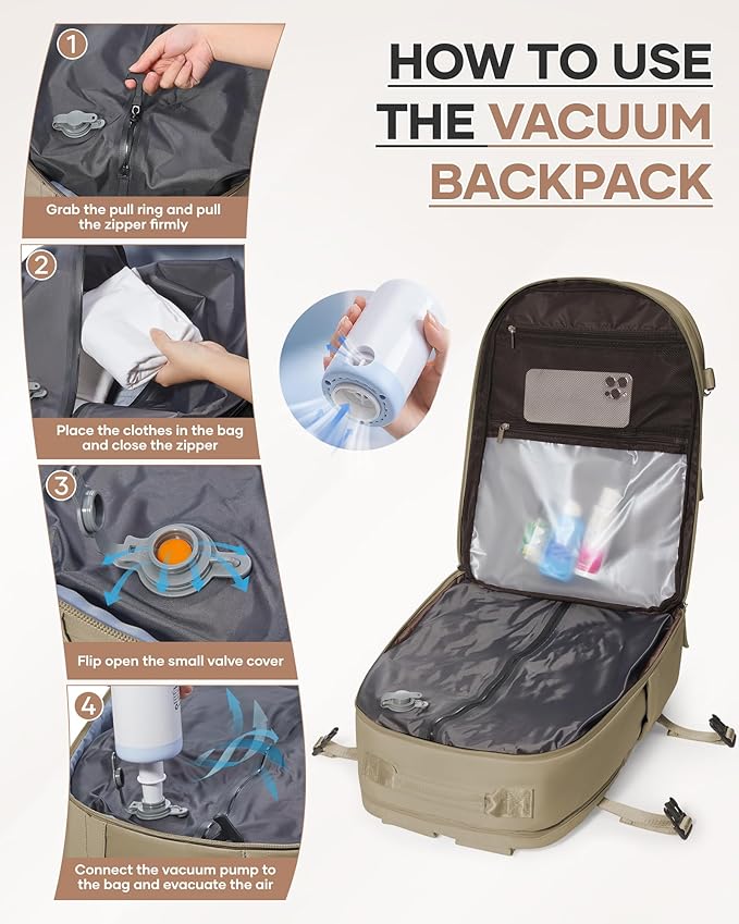 Vacuum Backpack Travel with Pump, Expandable Travel Backpack with Vacuum System, Vacuum Compression Bags Personal Item Carry On Suitcase Luggage Flight Approved Backpacks for Women Men, Brown