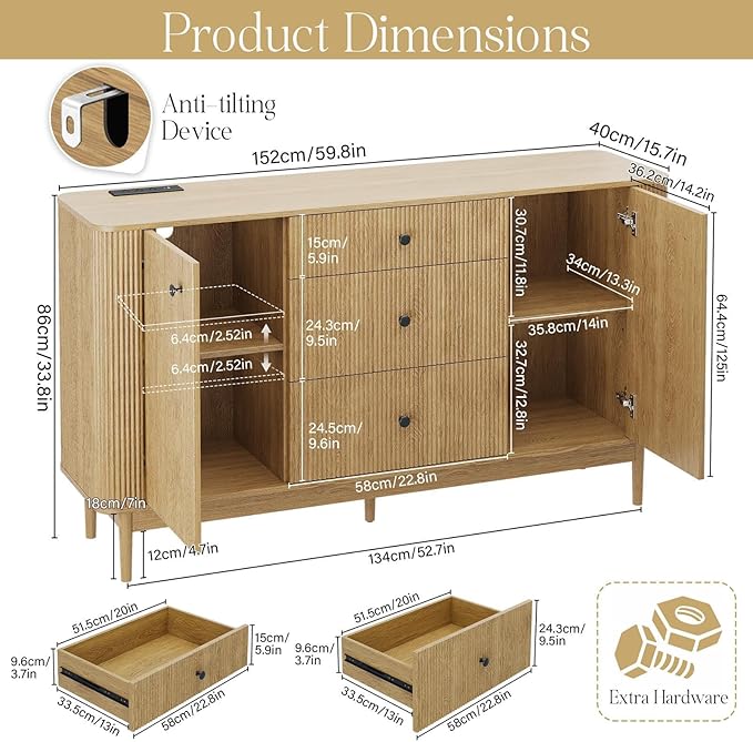 59" Sideboard Buffet Cabinet with Storage, Modern Fluted Accent Credenza with Charging Station, Wood Mid Century Buffet Table Coffee Bar Console Table with 3 Drawers & 2 Doors for Kitchen, Entryway