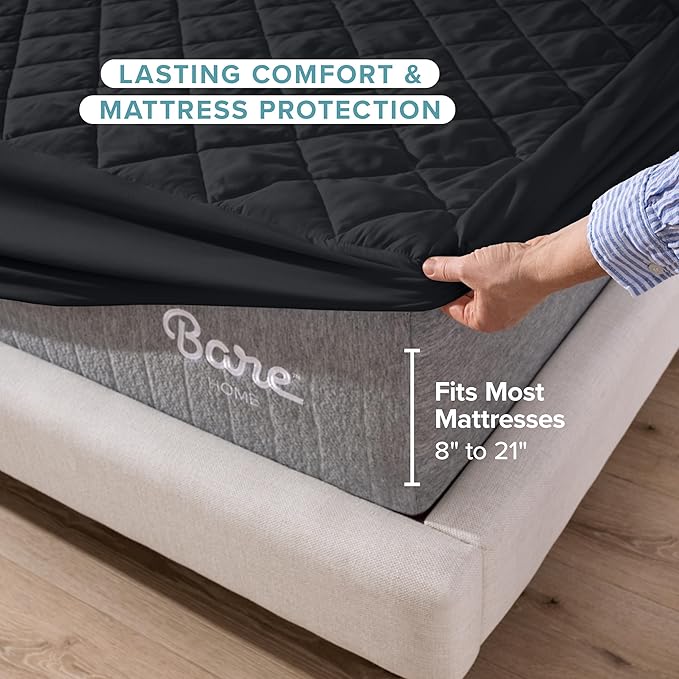 Bare Home Twin Quilted Fitted Mattress Pad - Cooling Mattress Cover - Easily Washable - Elastic Fitted Cover for Mattress - Stretch-to-Fit up to 15 Inches Deep (Twin, Black)
