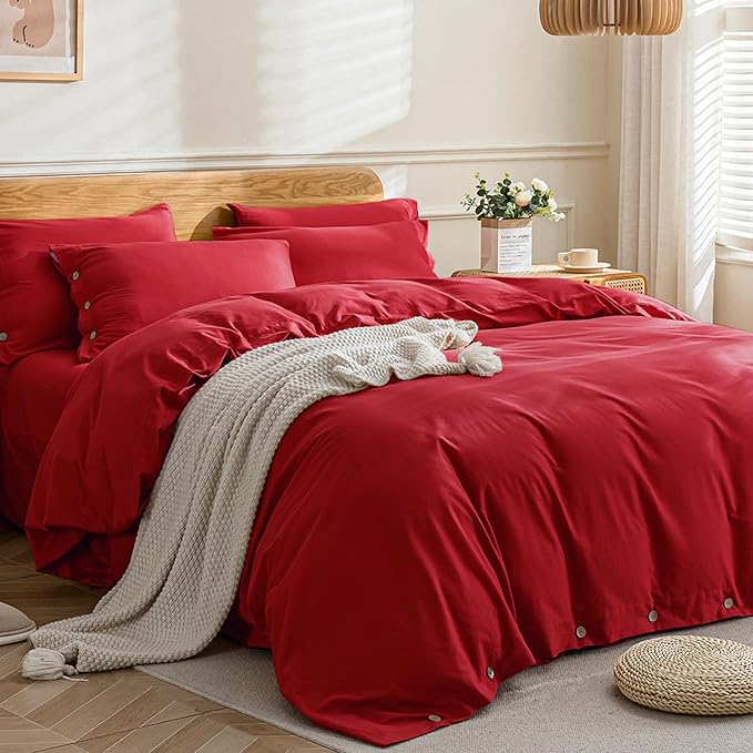 JELLYMONI Cotton Duvet Cover Twin Size - Crimson Red Comforter Cover with Button 100% Washed Cotton 2PCS Breathable Soft Solid Bedding Set Duvet Cover 68×90in & 1 Pillowcase (NO Comforter)