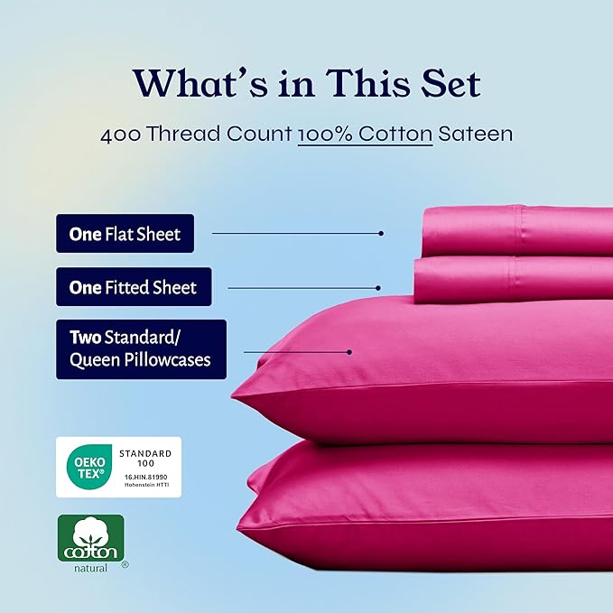 California Design Den Queen Bed Sheets Set - 400 Thread Count Sateen, Natural 100% Cotton Queen Size Sheet Set, Deep Pockets with All Around Elastic, Soft, Durable Bedding - Hot Pink CaliforniaDesignDen
