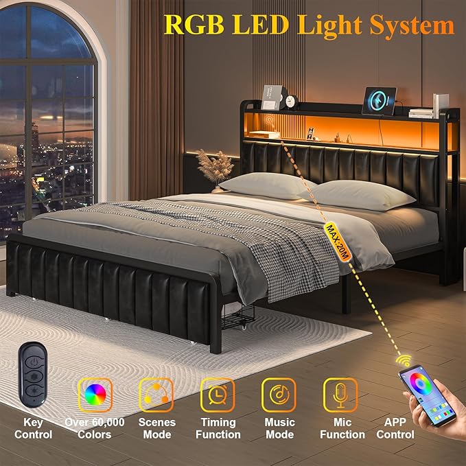 Queen Bed Frame with 2-Tier Storage Headboard, Metal Platform Bed Frame with Storage Drawers, Built in Charging Station & LED Light, PU Leather, Non-Slip, Easy to Assemble, Black