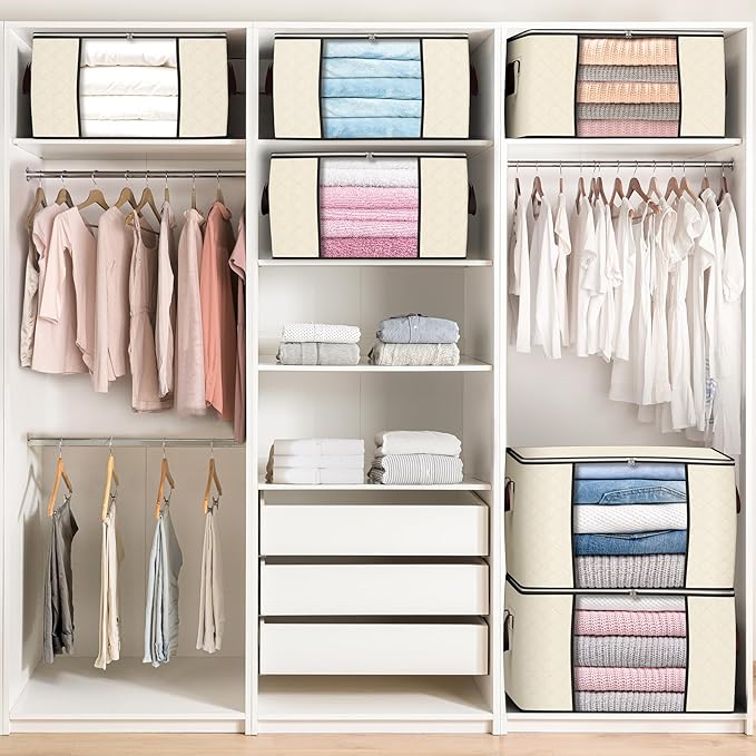 90 L Large Storage Bags, 6 Pack Clothes Storage Bins Foldable Closet Organizers Storage Containers with Reinforced Handle for Clothing, Blanket, Comforters, Bed Sheets, Pillows and Toys (Beige)