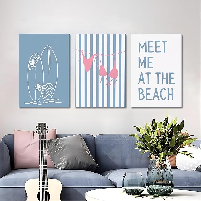 Trendy Coastal Beach Canvas Wall Art Set of 3, Blue Preppy Bikini Surfing Wall Decor Paintings, Summer Shells Meet Me at the Beach Posters Prints Pictures for Girly Dorm Bathroom 12x16 Inch Framed