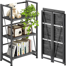 4NM No Assembly Folding Bookshelf Storage Shelves 3 Tiers Vintage Bookcase Standing Racks Study Organizer Home Office (Gray Black)