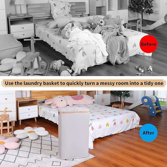 60L Slim Laundry Hamper, Narrow Laundry Basket with Lid,Foldable Clothes Hamper with Bamboo Handles,Hamper Basket with Removable Inner Bag for Laundry Room Bedroom College Dorm（Light Grey）