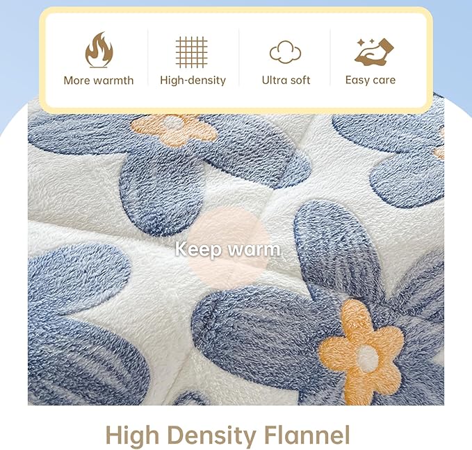 Blue Floral Fleece Fluffy Comforter Set - 3 Piece Twin Size Thick Comforters for Her Girls,Plush Cozy Warm,Soft Microfiber Bedding Bedroom Decor for Winter All Season (1 Comforter + 2 Pillow Shams)
