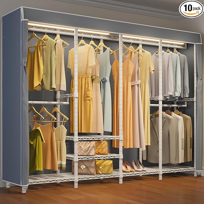 VIPEK V40LC Covered Clothes Rack with Dimmable LED Lights, Heavy Duty Garment Rack with Cover Portable Closet Wardrobe Clothing Racks for Hanging Clothes, White Closet Racks with Grey Oxford Cover