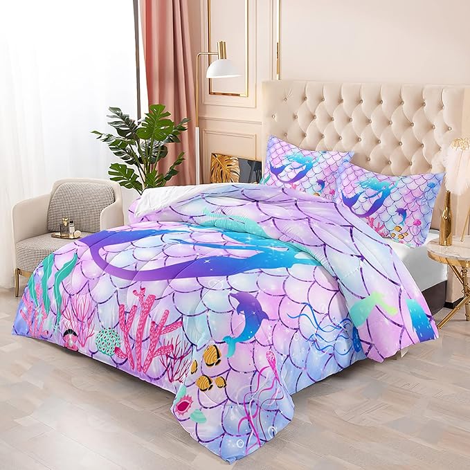 CVHOUSE Mermaid Comforter Set,Rainbow Mermaid Bedding Set for Girls Kids Teens,Rainbow Mermaid Comforter Mermaid Duvet Set Room Decor Quilt Set Twin Size