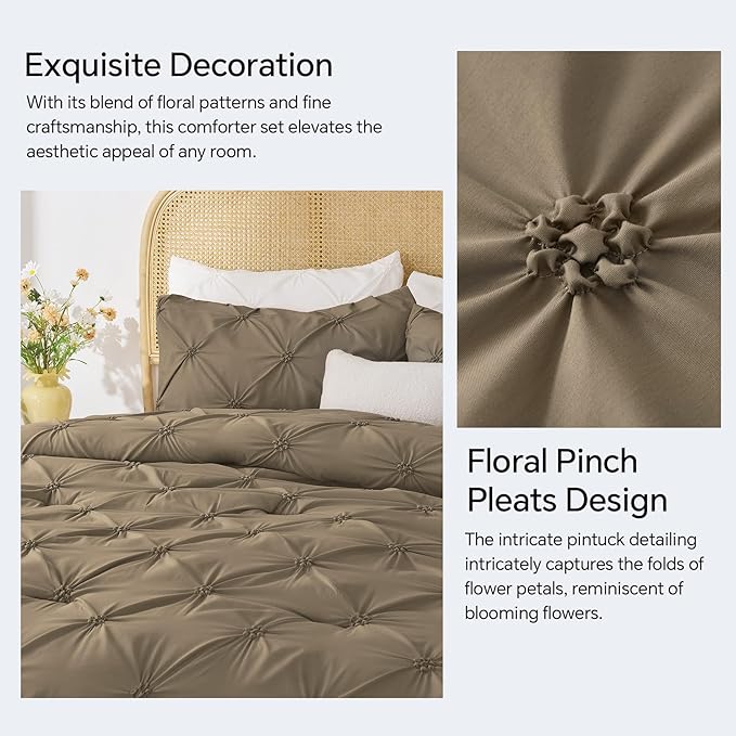 BEDELITE Light Brown King Size Comforter Set - 3 Pieces Boho Pintuck Bedding Comforter Sets, Lightweight Soft & Warm King Bedding Set with 2 Pillowcases for All Season
