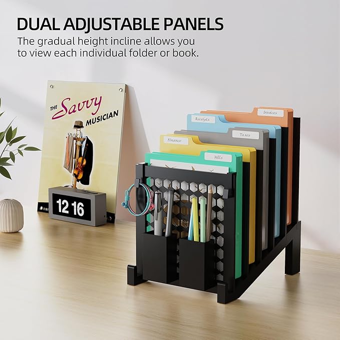 File Organizer for Desk with Storage Box & Hook, Inclined Desk File Organizer with 5-Section Vertical File Holder suitable for Home Office Document Organization（Black）