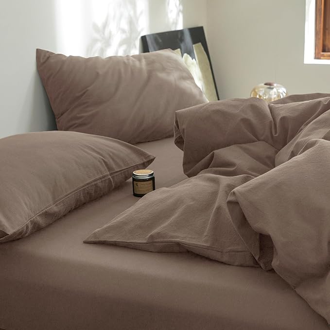FOSSA Duvet Cover Set 100% Washed Cotton Linen Feel Super Soft Breathable Cozy 3 Pieces Bedding Sets Solid Pale Brown Super King