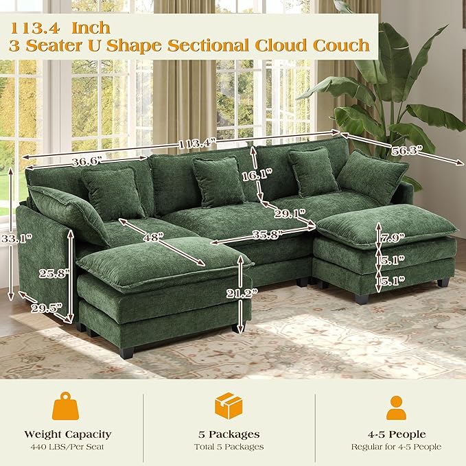 113.4" Modular Sectional Sofa,U Shaped Couch for Living Room,Modern Deep Seat Sofa 3 Seater Chenille Fabric Comfy Cloud Couches with Throw Pillows & Movable Ottoman