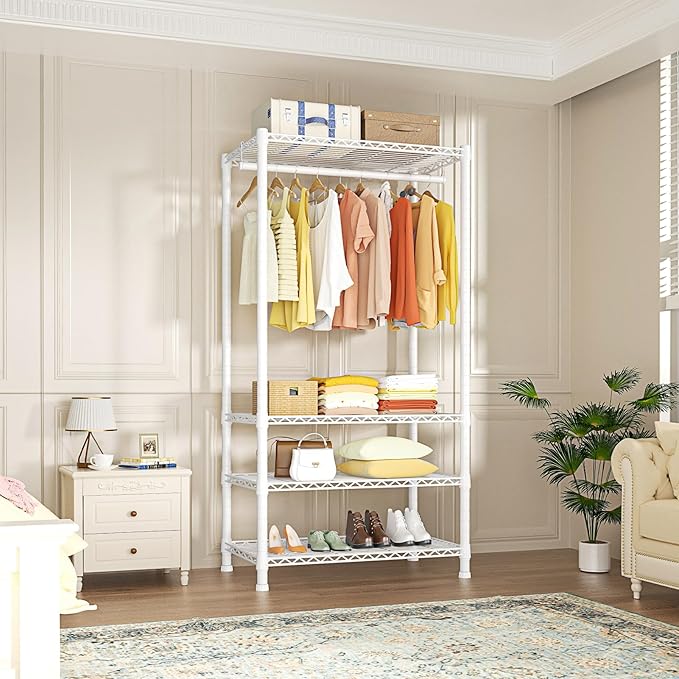 Ulif H2 Heavy-Duty Portable Closets, 4-Tier Freestanding Garment Rack Suit for Small Space and Corner, Closet Organizer System Portable Closet Wardrobe, Max Load 500 LBS, White
