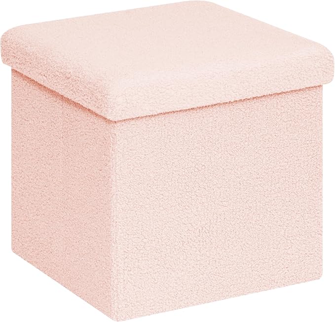 PINPLUS Storage Ottoman Cube Square Shaped Ottomans with Storage Foot Stool Footrest for Lving Room Boucle Ottoman Seat for Dorm Room,Faux Teddy Fur Pink,15"x15"x15"