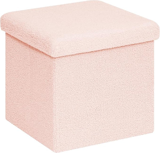 PINPLUS Storage Ottoman Cube Square Shaped Ottomans with Storage Foot Stool Footrest for Lving Room Boucle Ottoman Seat for Dorm Room,Faux Teddy Fur Pink,15"x15"x15"