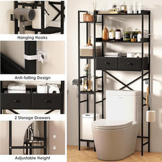Over The Toilet Storage Cabinet with 2 Drawers - 7 Tier Bathroom Organizer with Adjustable Shelf & Side Rack, Hair Dryer Toilet, Paper Holder & 2 Hooks for Restroom, Laundry, Black