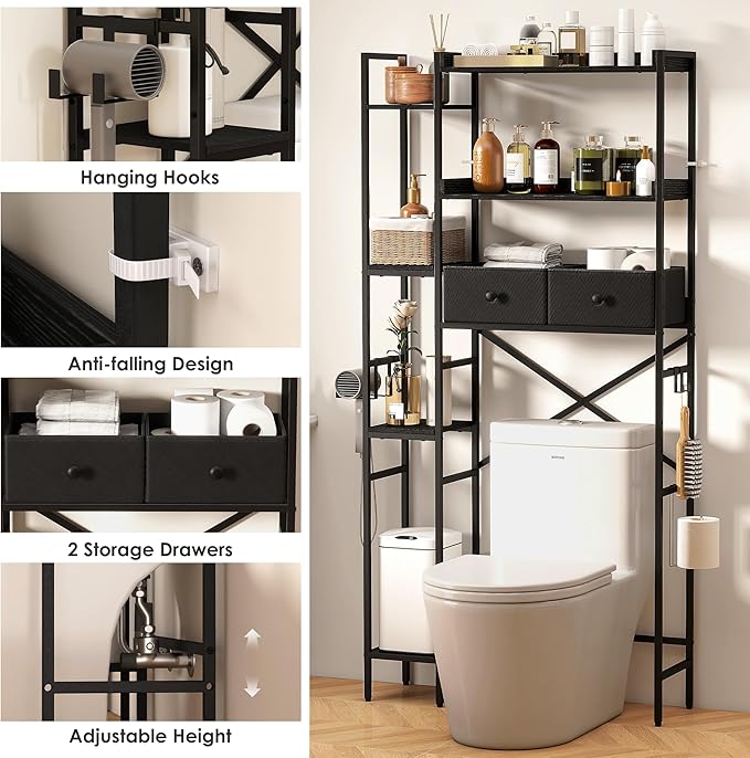Over The Toilet Storage Cabinet with 2 Drawers - 7 Tier Bathroom Organizer with Adjustable Shelf & Side Rack, Hair Dryer Toilet, Paper Holder & 2 Hooks for Restroom, Laundry, Black
