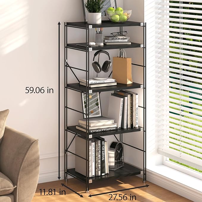 5 Tier Bookshelf, Book Shelf 67/59Inch, Tall Bookcase, Industrial Bookshelves, w/Metal X-shaped support, Adjustable Shelves, Metal Fram, for Living Room,kitchen (Black, H 59.06×W27.56×L 11.81 IN)